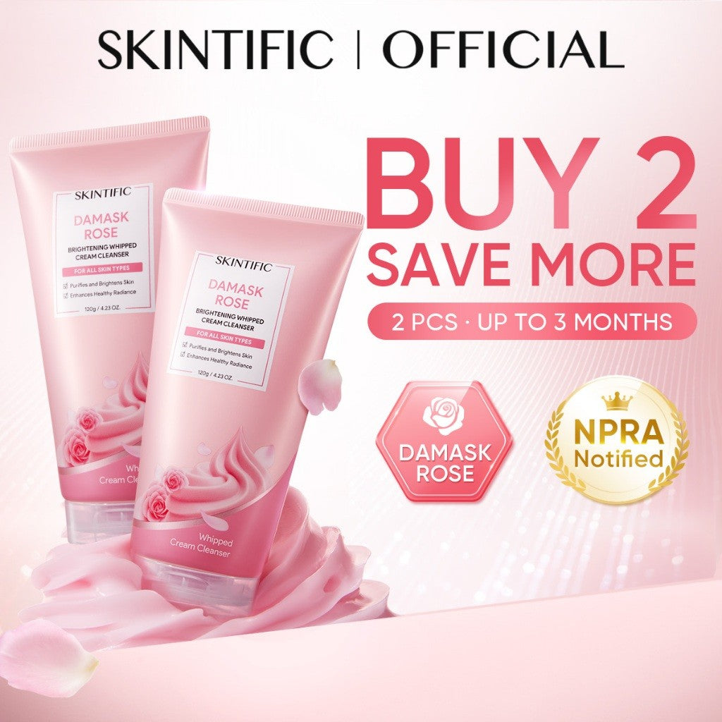 SKINTIFIC Damask Rose Whipped Cleanser – Triple Glow Brightening in One Wash | Gentle Niacinamide 120g Instant Glow