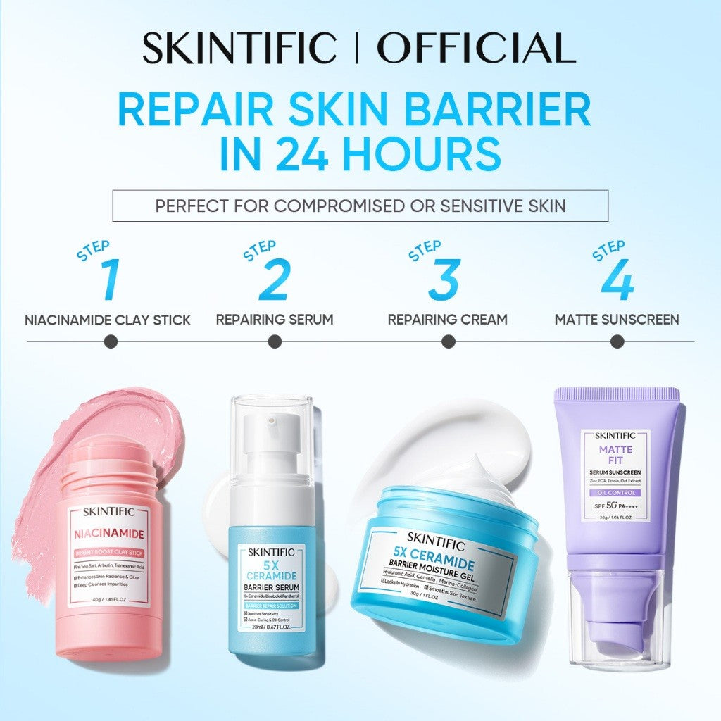 SKINTIFIC 4PCS Sunblock Set SPF 50+ PA++++-Cleanser,Serum,Cream&Sunscreen Skincare | Fades Spots,Brightens,Repairs,Acne