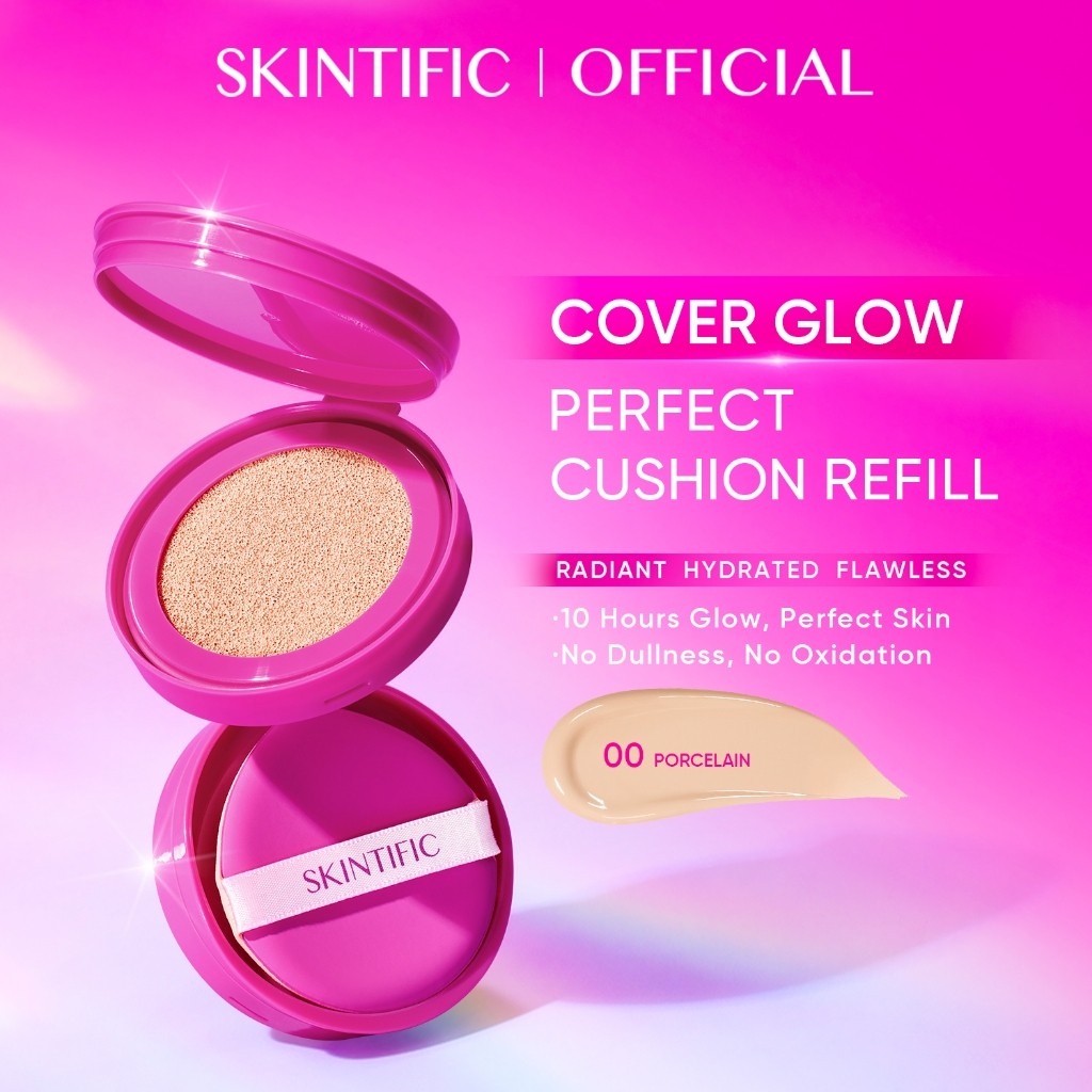 SKINTIFIC Cover Glow Perfect Pink Cushion Foundation Full Coverage Glowing Finish Glass Makeup Lightweight Waterproof