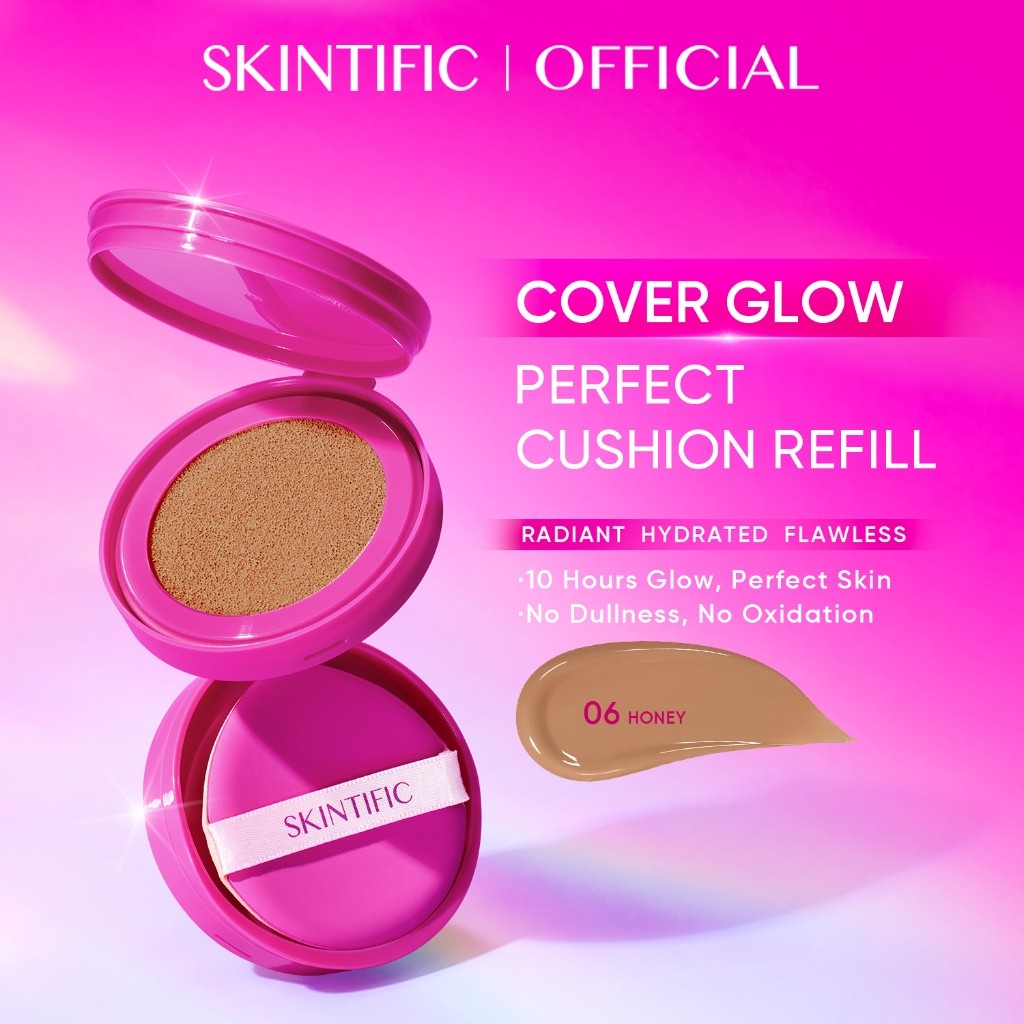 SKINTIFIC Cover Glow Perfect Pink Cushion Foundation Full Coverage Glowing Finish Glass Makeup Lightweight Waterproof