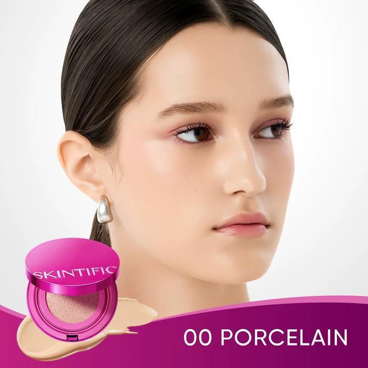 SKINTIFIC Cover Glow Perfect Pink Cushion Foundation Full Coverage Glowing Finish Glass Makeup Lightweight Waterproof