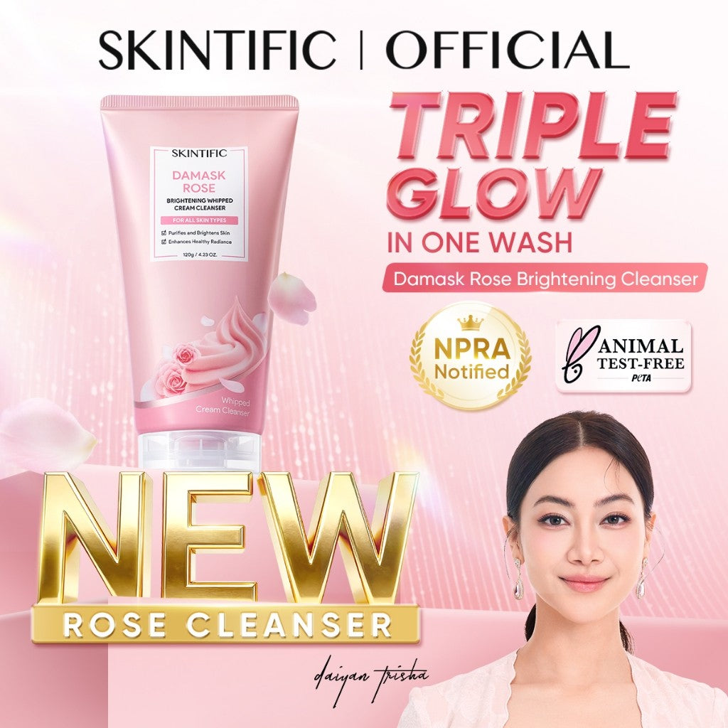 SKINTIFIC Damask Rose Whipped Cleanser – Triple Glow Brightening in One Wash | Gentle Niacinamide 120g Instant Glow