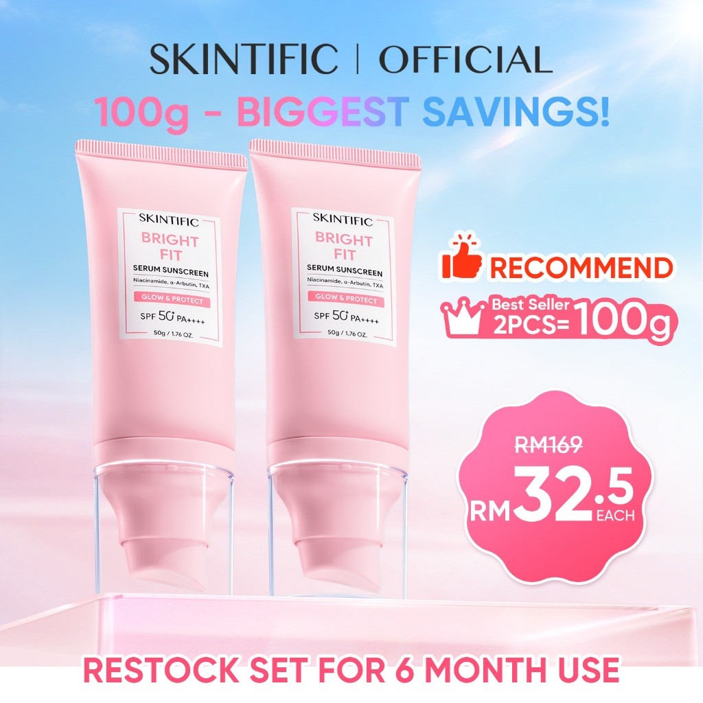 SKINTIFIC Bright Fit Serum Sunscreen SPF50+ PA++++ UV Tone Up Tinted Skin Whitening Brightening Niacinamide