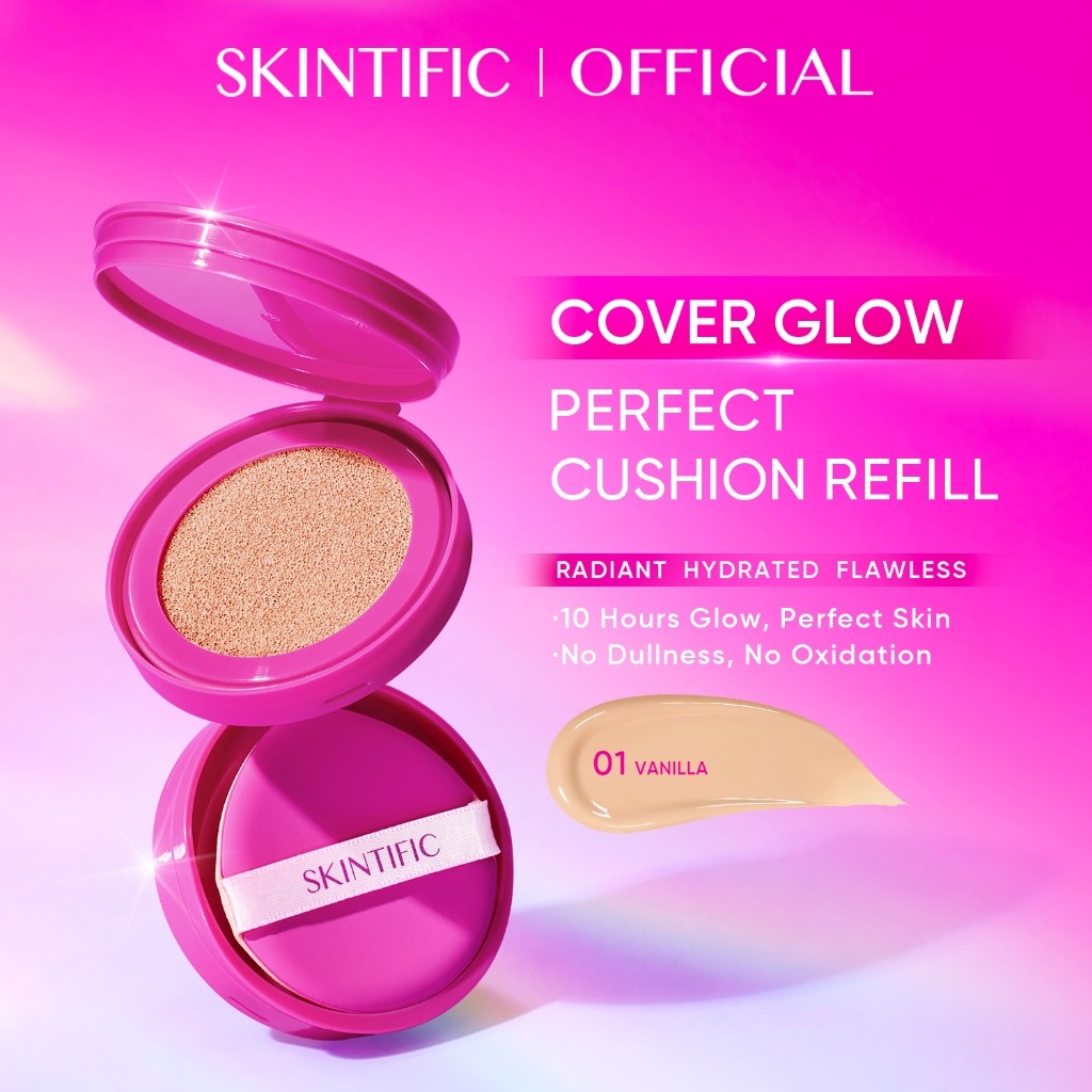 SKINTIFIC Cover Glow Perfect Pink Cushion Foundation Full Coverage Glowing Finish Glass Makeup Lightweight Waterproof