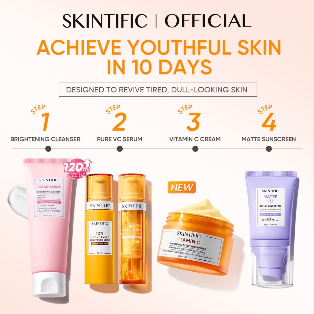 SKINTIFIC 4PCS Sunblock Set SPF 50+ PA++++-Cleanser,Serum,Cream&Sunscreen Skincare | Fades Spots,Brightens,Repairs,Acne
