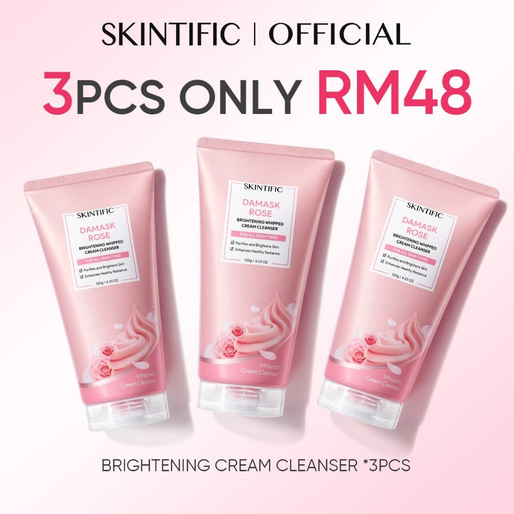 SKINTIFIC Damask Rose Whipped Cleanser – Triple Glow Brightening in One Wash | Gentle Niacinamide 120g Instant Glow